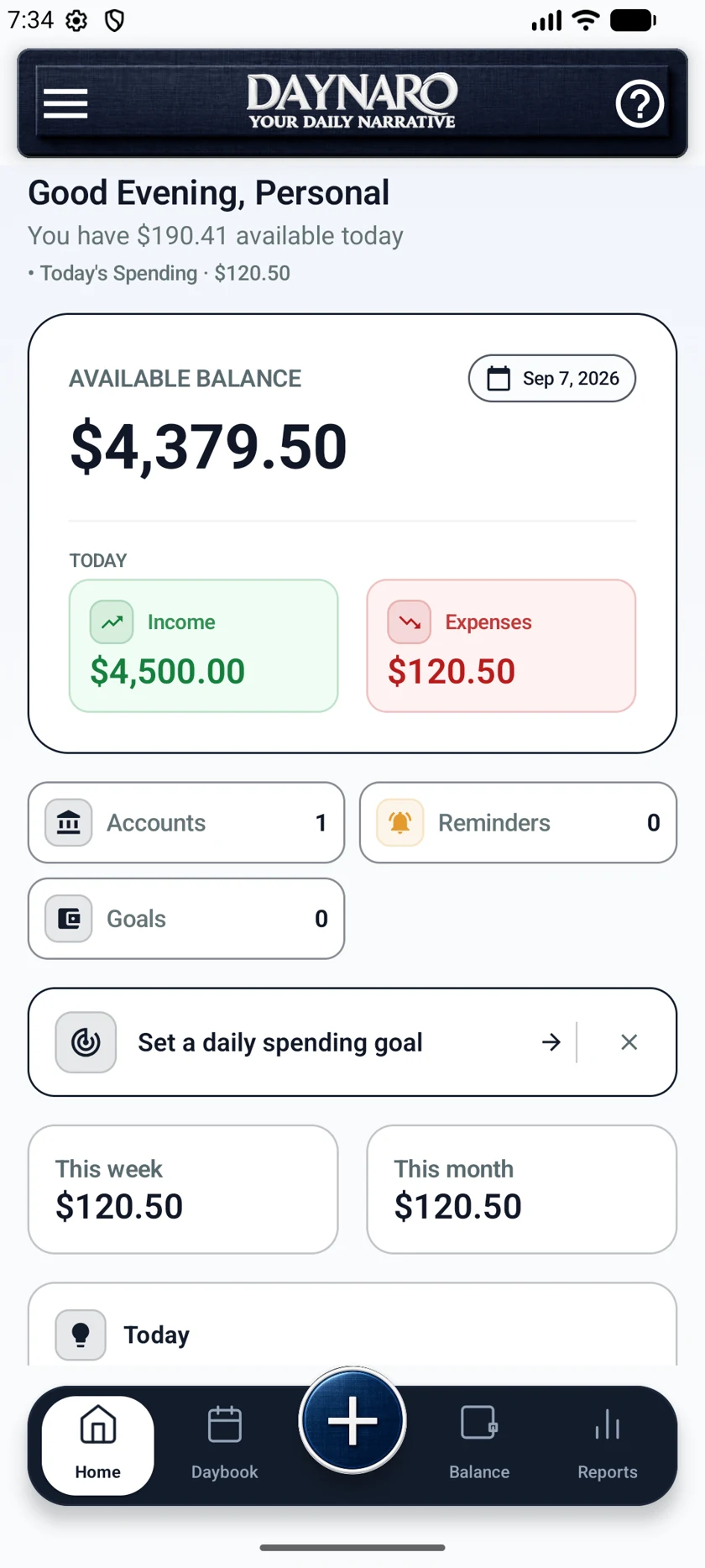 DAYNARO Home screen with sample data