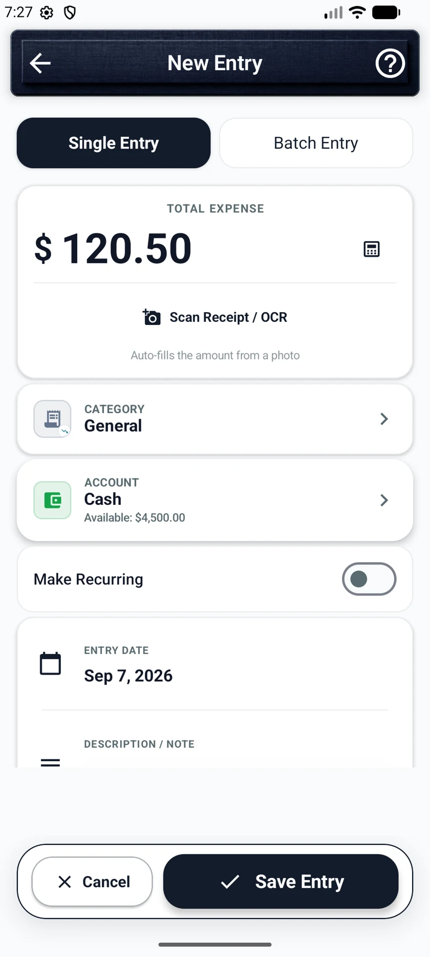 DAYNARO Quick add screen with sample data