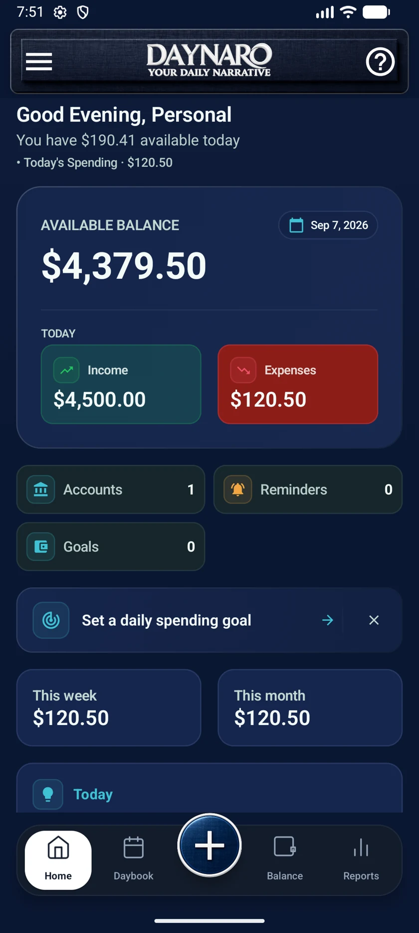 DAYNARO Dark theme screen with sample data