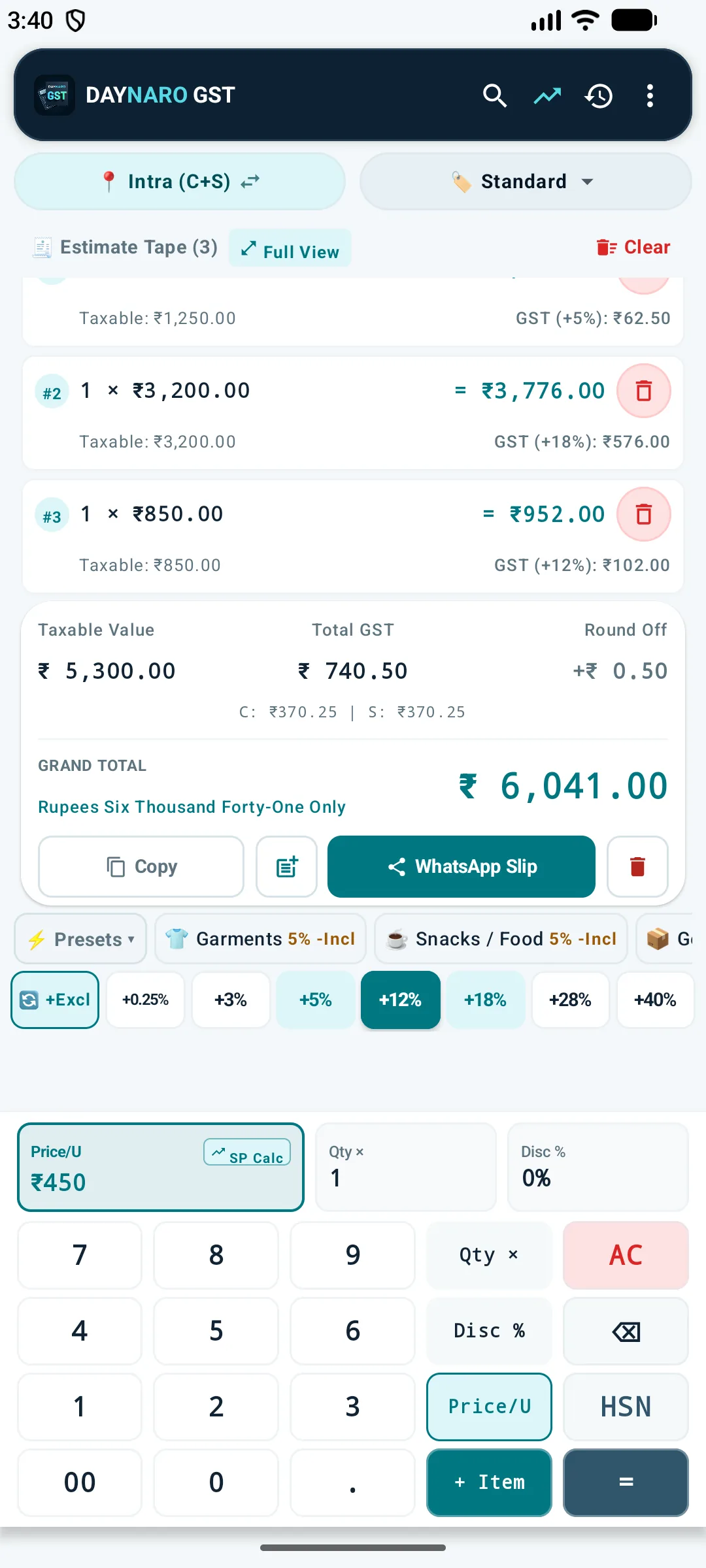 DAYNARO GST Calculator estimate tape with multiple line items and tax totals; illustrative sample figures.