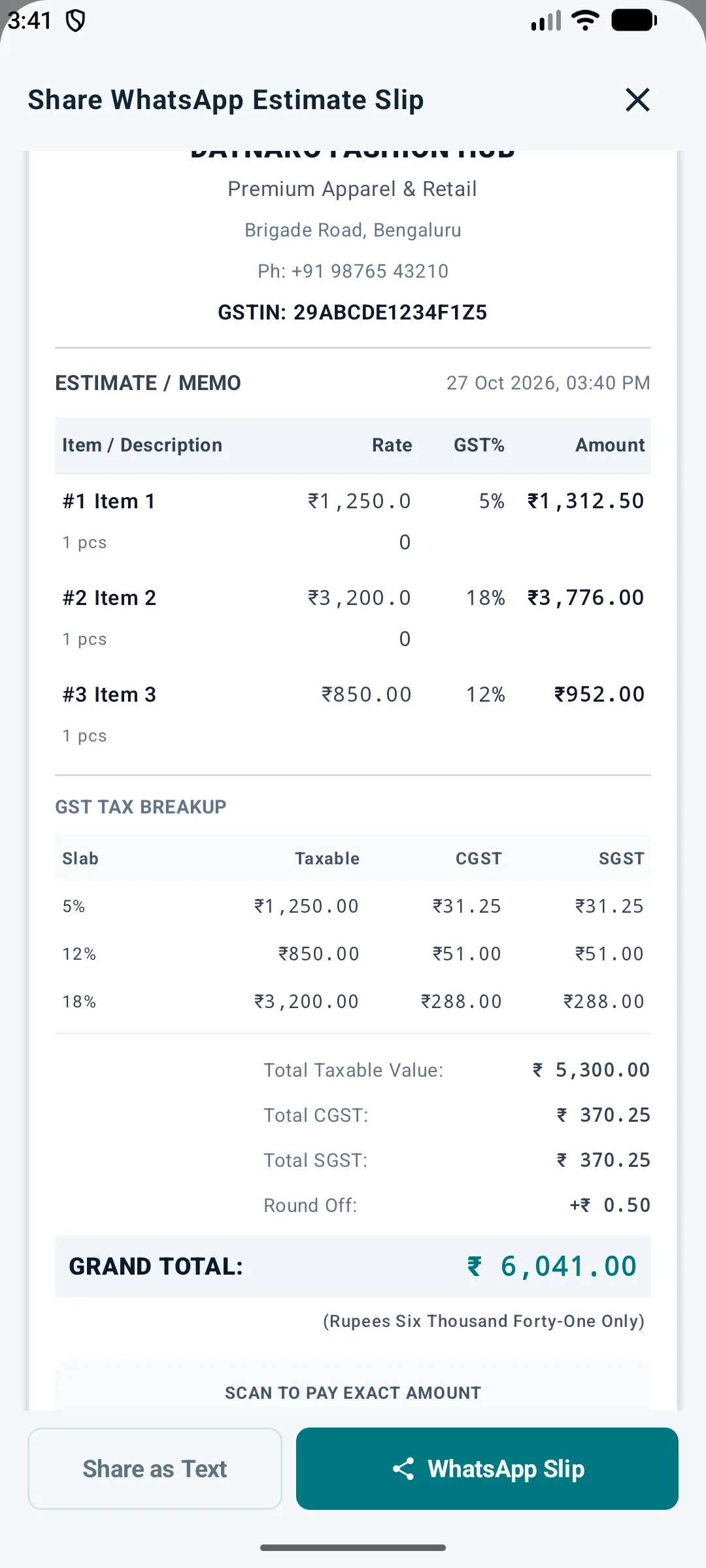 DAYNARO GST Calculator WhatsApp estimate slip showing sample shop profile and calculation details.