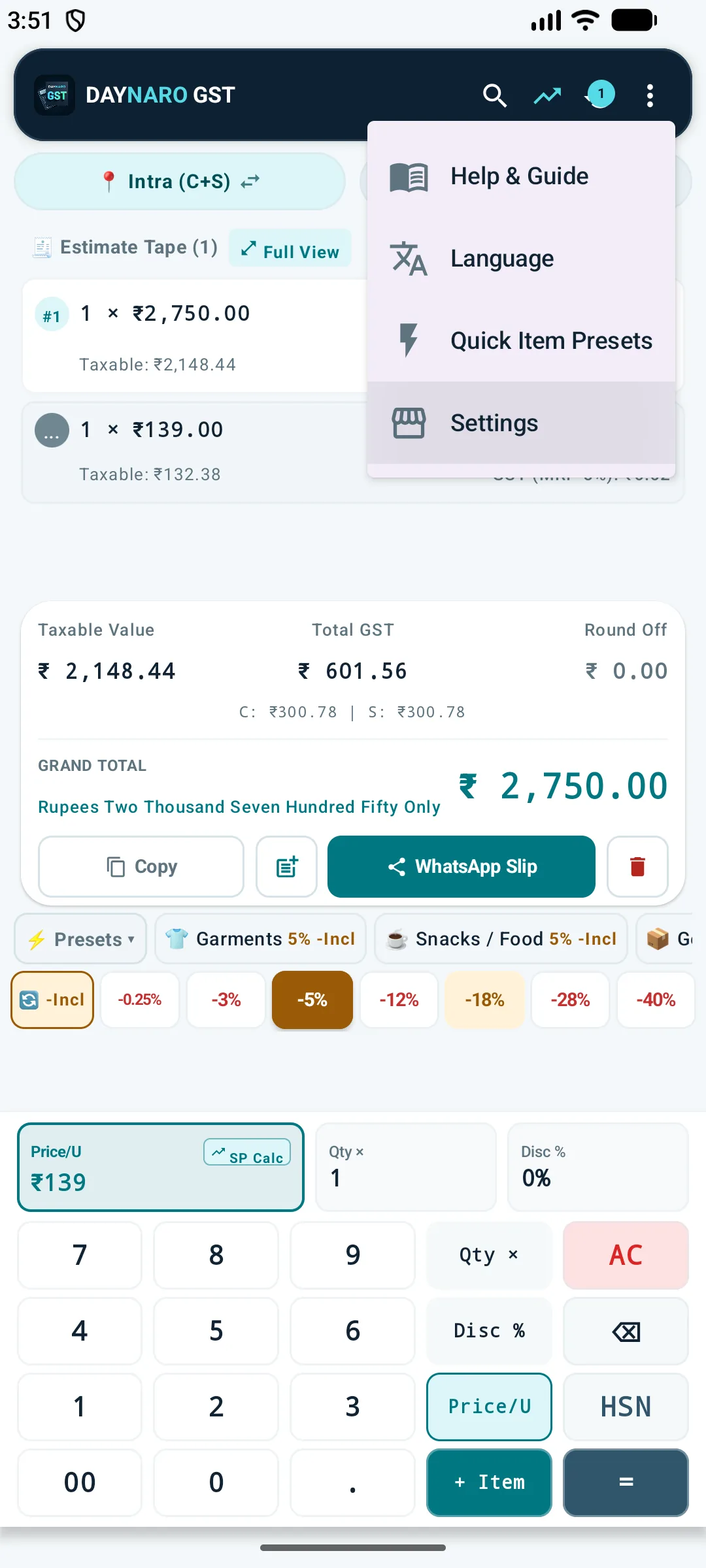DAYNARO GST Calculator menu with language, quick item presets and settings options.